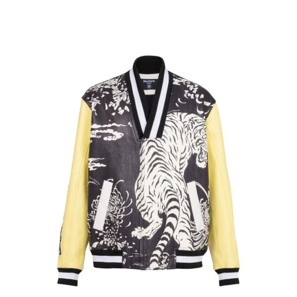 BALMAIN LEATHER VARSITY JACKET WITH TIGER PRINT